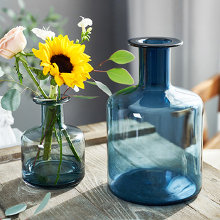 饰摆件 轻奢北欧玻璃花瓶高级蓝小口单只插花瓶创意客厅餐桌装 美式