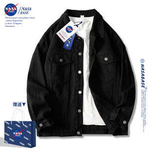 黑色牛仔夹克翻领加厚衣服 潮牌美式 NASA联名外套男女2024早春新款