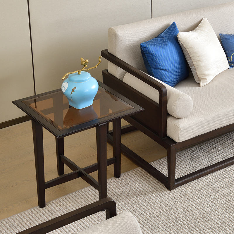 钢化玻璃小茶几客厅家具沙发边几极简方几 实木角几新中式 新中式