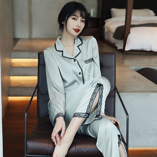 两件套丝绸韩版 睡衣女春夏季 薄款 长袖 冰丝绸家居服甜美大码 套装