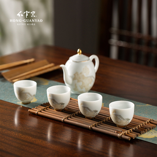 白瓷礼盒醴陵瓷器 家用功夫茶具套装 红官窑茶具整套茶壶茶杯中式