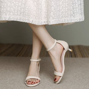 子 夏季 白色法式 3cm低跟5cm凉鞋 细跟女2024年新款 真皮一字带高跟鞋