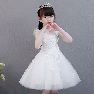 女童公主裙蓬蓬纱儿童主持人晚礼服白色小花童婚纱裙钢琴演出服装