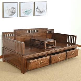 新品 老榆木胡桃色中式 折叠沙发床两用储 实木推拉罗汉床沙发新中式
