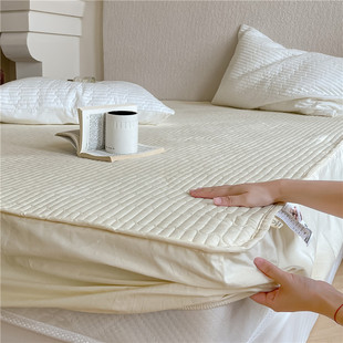 全棉夹棉绗缝床笠床垫保护套纯棉可机洗单床罩纯色席梦思防滑床套