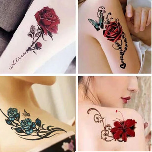 纹身贴防水女持久彩色彼岸花遮盖蝴蝶玫瑰花朵高级感遮疤性感手臂