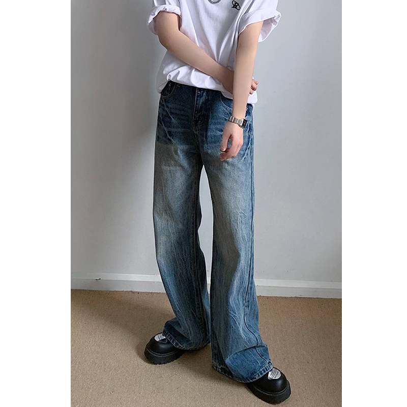 男女宽松高腰拖地INS阔腿裤 林弯弯韩国设计感复古做旧直筒牛仔裤