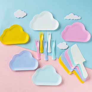 儿童节日派对塑料一次性刀叉盘蛋糕甜品餐具 小清新云朵餐盘套装