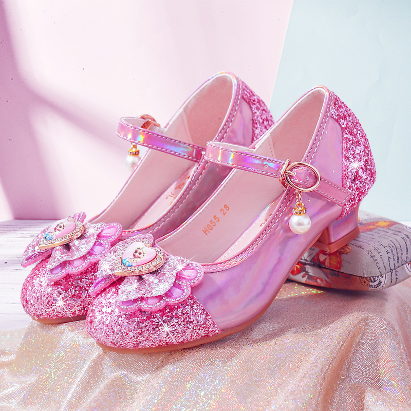 新款 女童鞋 皮鞋 舞台水晶鞋 银色模特走秀儿童高跟鞋 粉色爱莎公主鞋