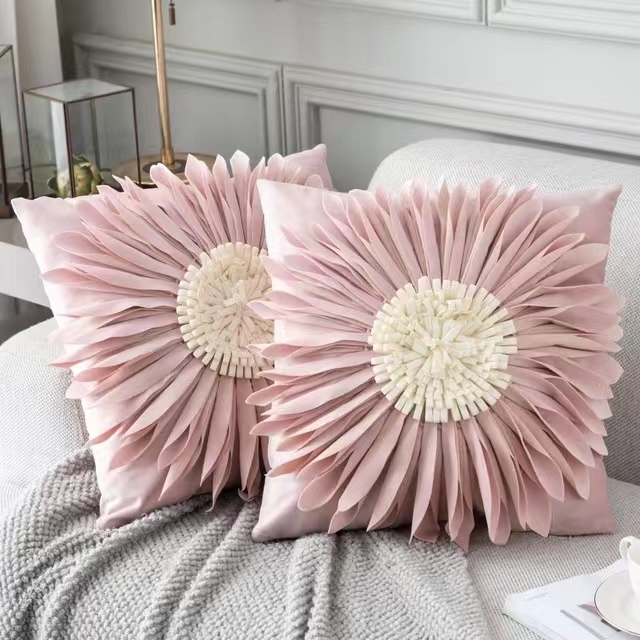 饰抱枕套粉色方形花卉刺绣贴布沙发客厅靠垫套不含芯 太阳花装 欧式