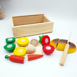 仿真水果玩具儿童益智力早教教具仿真小木盒水果面包切切看厨房