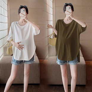 V领短袖 2024新款 中长款 T恤 时尚 纯棉洋气打底衫 韩版 孕妇装 上衣夏季
