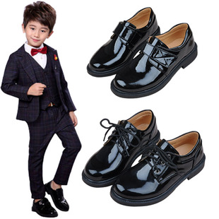 男童黑色皮鞋 礼服亮漆皮尖头鞋 学生英伦风中大童西装 软底表演出鞋