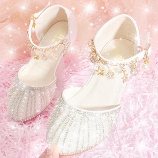 闪亮 软底新款 婚礼服小女孩鞋 子珍珠水钻演出单鞋 女童水晶鞋 公主鞋