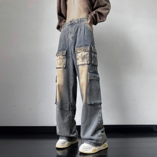 宽松hiphop裤 重磅做旧牛仔裤 子直筒工装 男春秋季 拖地长裤 潮牌美式