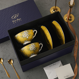 爱莉卡贝叶 下午茶花茶杯配勺礼盒装 骨瓷咖啡杯碟套装 柠檬树英式