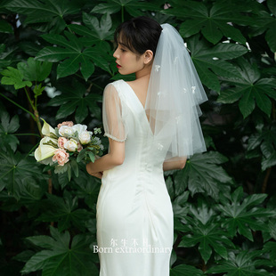 056新娘结婚领证登记拍照道具小头纱珍珠双层森系旅拍造型头纱
