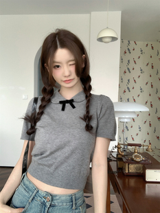 suseyiku 娃娃领减龄蝴蝶结设计感安迪绒短袖 韩版 针织上衣女 夏季
