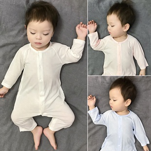 婴儿衣服夏季 薄款 莫代尔无骨宝宝空调服睡衣新生婴幼儿连体衣 长袖
