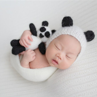 新生儿摄影服饰马海毛熊猫帽子玩偶影楼宝宝照道具婴儿月子满月照
