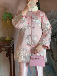 樱花粉真丝苏绣盘银绣仙鹤海浪旗袍鹅绒羽绒外套 中国风复古新中式