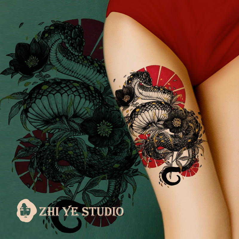 卸鳞化龙纹身贴日式 中国风黑蛇黑色花朵遮盖大腿花臂买一送一 包邮