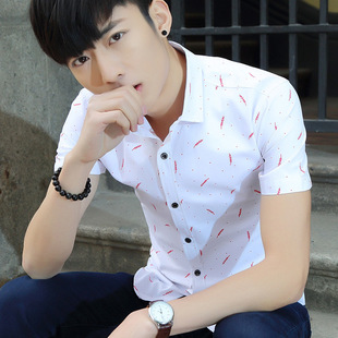 个性 潮流男装 韩版 修身 印花衬衣 薄款 男短袖 青少年学生休闲夏季 衬衫