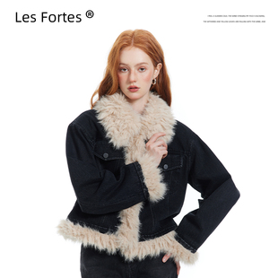 Les 原创设计毛领撞色牛仔夹棉外套复古短款 22AW 秋冬棉衣 Fortes