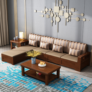 全木质L型储物沙发 实木沙发组合冬夏两用客厅布艺转角贵妃新中式