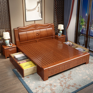 经济型双人床可储 实木床家用单人出租t房卧室家具组合套装 新中式