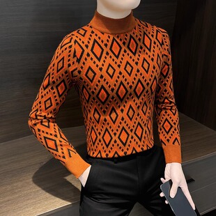 韩版 高级感菱形格毛衣男士 修身 冬季 潮流半高领内搭针织打底衫 新款