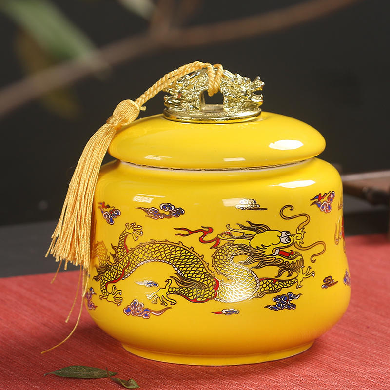 景德镇陶瓷茶叶罐婚庆礼品红黄金龙大号绿茶糖果中药密封储藏罐