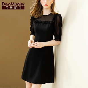 夏季 气质收腰中长裙子 黑色雪纺连衣裙女短袖 新款 丹慕妮尔法式