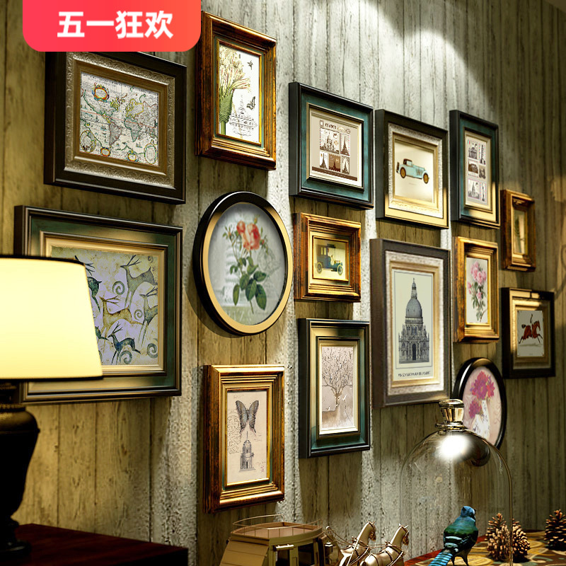 轻奢美式 实木照片墙装 楼梯挂墙组合画定制 饰客厅相框免打孔竖欧式
