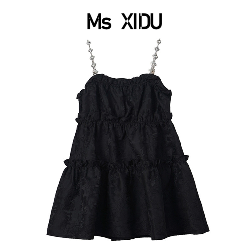 XIDU22SS 小众设计感纯欲风蓬蓬小黑裙吊带连衣裙 钻石甜心