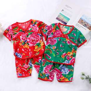 东北大花婴儿服男童短袖 套装 中国风网红宝宝衣服薄儿童睡衣 女夏季