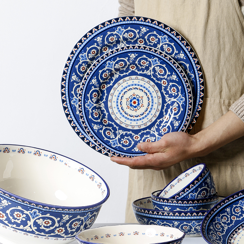欧美客陶瓷盘子创意牛排盘蓝韵系列餐具大盘深盘沙拉盘子圆形餐盘