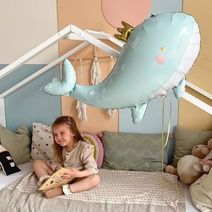 饰布置生日惊喜礼物 进口皇冠蓝色鲸鱼铝膜气球飘空氦气球儿童房装