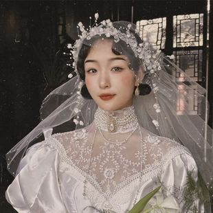 复古铃兰花瓣包头头纱新娘结婚白纱礼服旅拍跟妆饰品 喜看原创法式