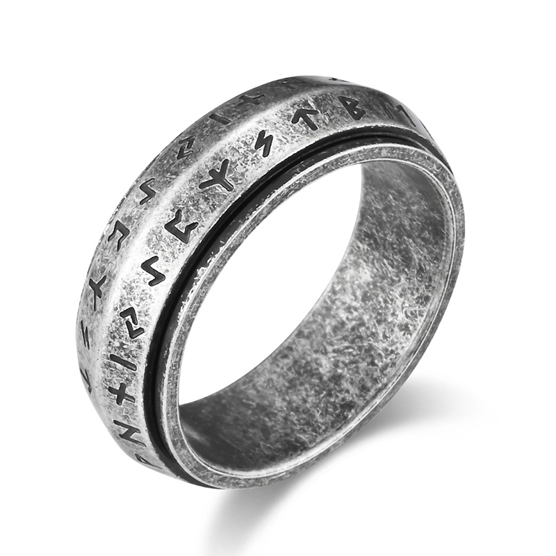 单身菱形钛钢指环欧美复古维京潮牌 卢恩符文转动戒指男潮嘻哈个性
