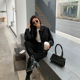 韩版 MULVAN 上衣 时尚 黑色复古皮衣外套女2022年秋季 炸街短款 新款
