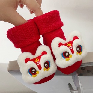 袜婴儿防滑袜新生儿中筒高筒袜新年红色中国风袜子 宝宝玩偶萌娃鞋