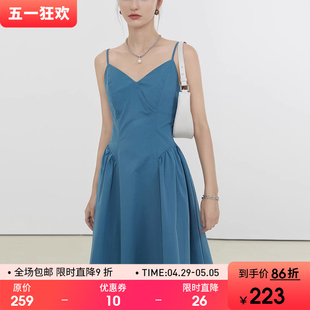 范洛2024夏季 新款 V领吊带连衣裙女收腰设计感小众气质小裙子 法式