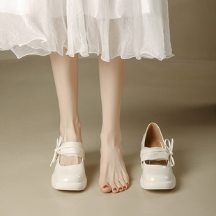 2023春季 法式 女 玛丽珍蝴蝶结厚底小皮鞋 高跟鞋 粗跟浅口单鞋 仙女鞋