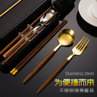 筷叉勺三件套 学生上班族旅行餐具 便携餐具鸡翅木筷子勺子套装