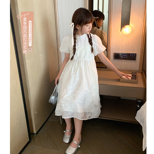 女大童国风蕾丝连衣裙2024夏装 新款 白色旗袍裙网纱长裙 青少年时尚