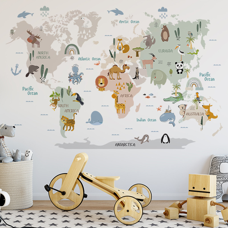 世界地图贴纸布置 饰墙贴房间墙面卡通版 幼儿园儿童房卧室背景墙装