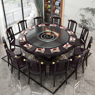 火锅店桌子带电磁炉一体商用饭店家用8人实木圆形餐桌椅组合1.3米