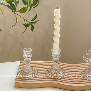 复古浮雕水晶玻璃烛台拍照餐桌浪漫摆件ins香薰蜡烛台座法式 欧式