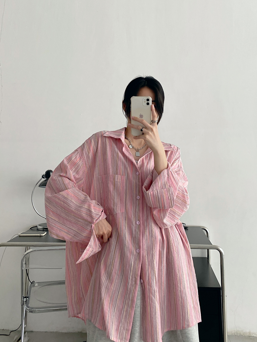 女2024秋季 sun柚 休闲慵懒风上衣服衬衣 薄款 粉色条纹长袖 韩版 衬衫
